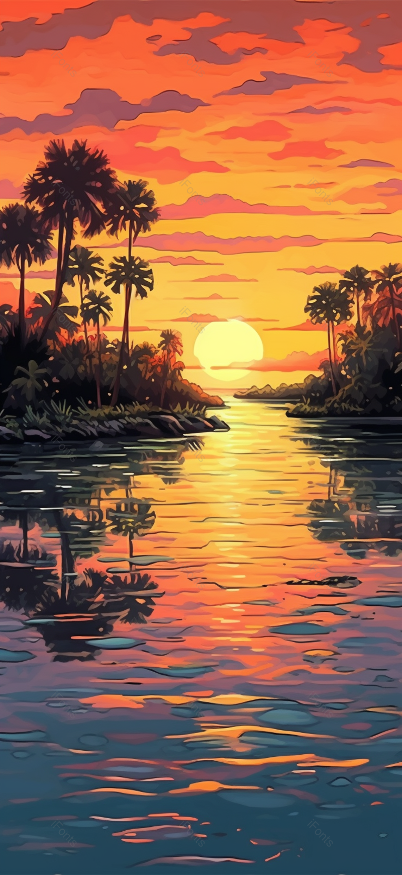 夏日湖边夕阳倒影树木背景,插画/手绘图,插画/手绘图库,插画/手绘图下载,插画/手绘